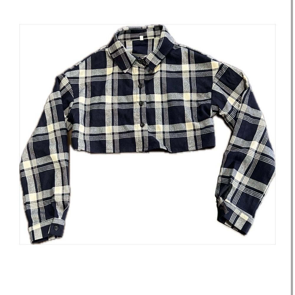 SHEIN Plaid Cropped Shirt + White Mock Neck Crop Top XS 2 Piece Outfit